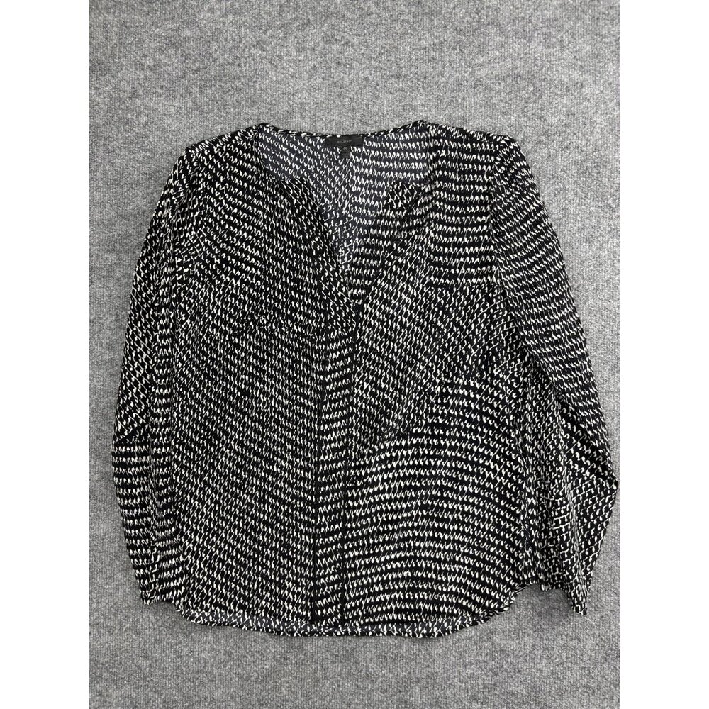 Belstaff Shirt Womens 46 Black White Silk Printed V Neck‎ Long Sleeve Blouse